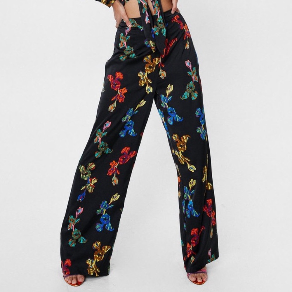 Nasty Gal Floral Satin High Waisted Pants